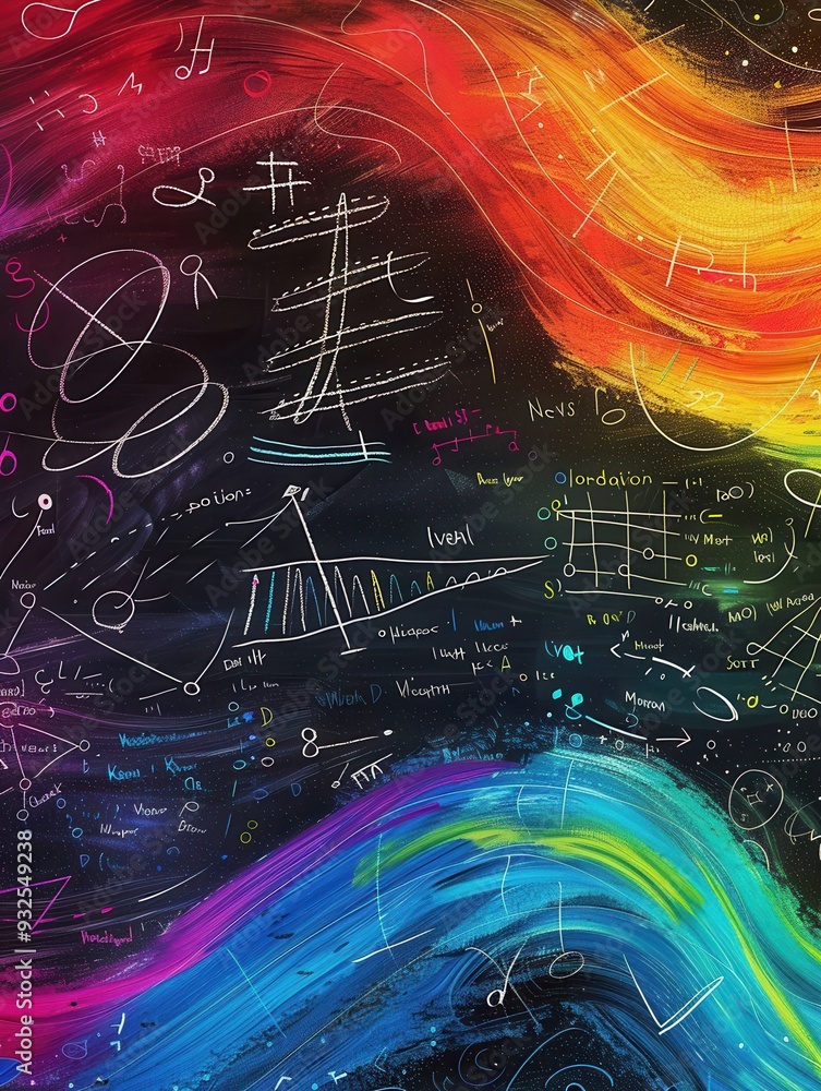 Leinwandbilder A chalkboard covered in colorful waves of chalk strokes, artfully merging with scientific formulas and diagrams, adds visual interest to learning. Generative AI