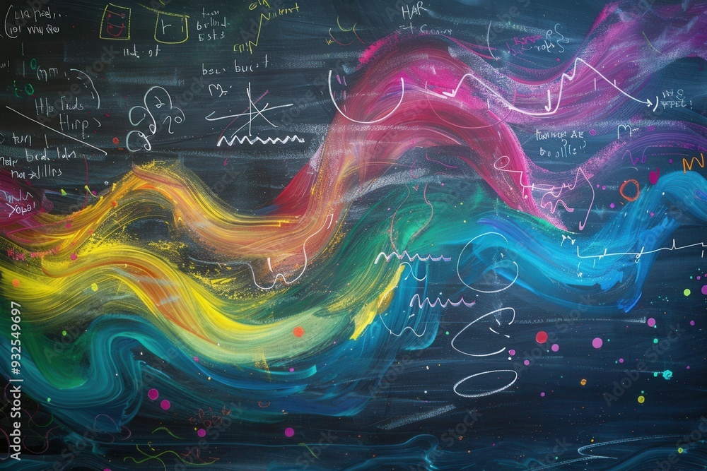 Poster A dynamic chalkboard features colorful chalk strokes and integrated scientific diagrams, creating an engaging learning atmosphere for students. Generative AI