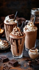 Chocolate Mocha Milkshakes with Whipped Cream and Drizzled Chocolate