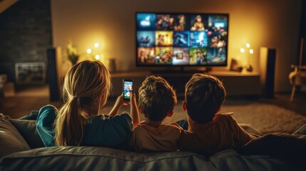 A modern family streaming video on a large smart TV in a cozy living room, with children holding their phones and interacting with the content, illustrating the seamless integration of technology in