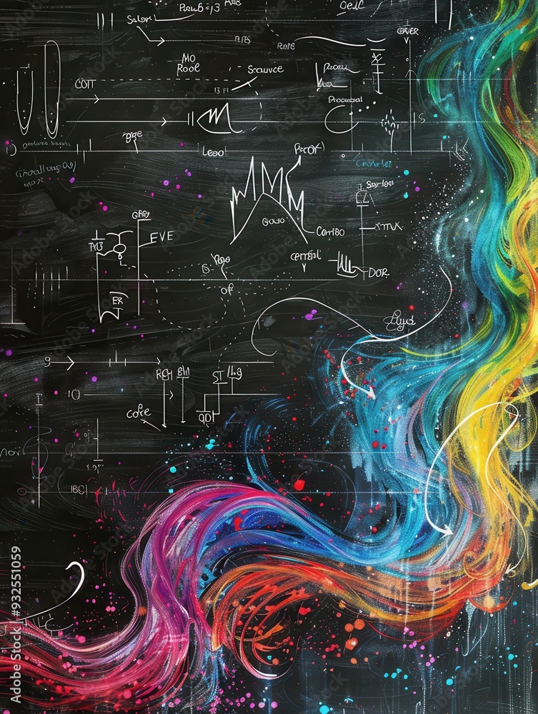 Fototapete a lively chalkboard showcases colorful waves of chalk strokes intertwined with scientific formulas a