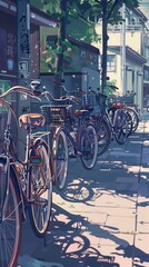 Obraz premium A row of bicycles is parked neatly along a paved pathway surrounded by trees in a serene neighborhood setting