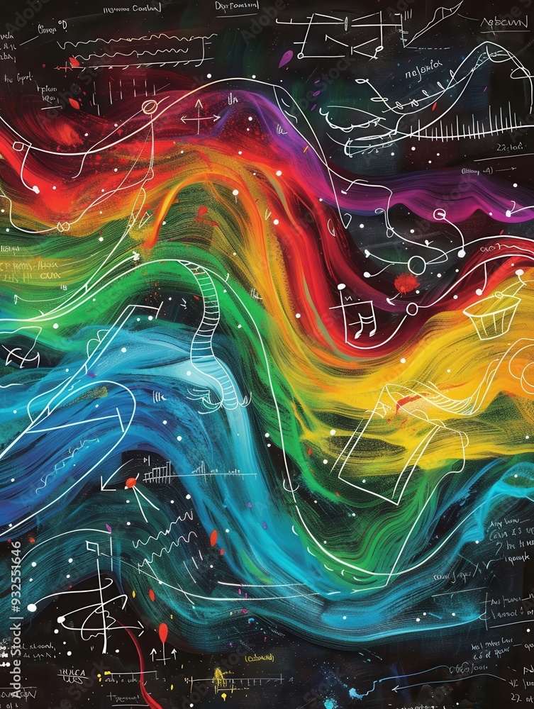 Fototapete a vibrant background of colorful waves intertwines with scientific diagrams and formulas, creating a
