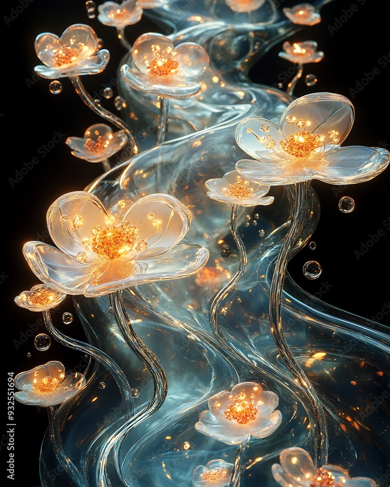 Poster mystical forest where the trees are made of glass reflecting and amplifying the light from glowing f