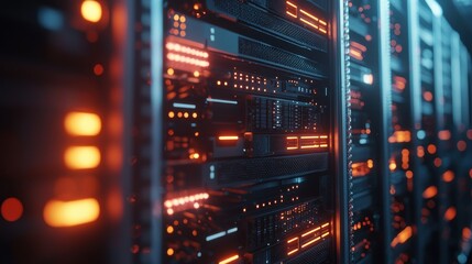 Obraz premium A close-up shot of a data center server with blinking LED lights, cooling fans, and intricate cabling, capturing the essence of high-tech infrastructure and constant data processing