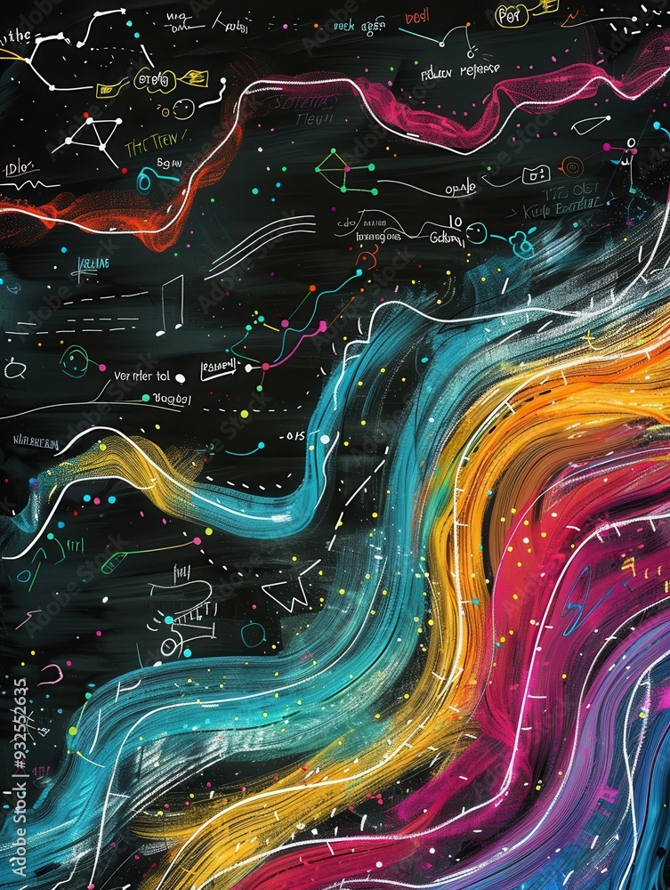 Poster vivid waves of chalk colors flow across a chalkboard, adorned with subtle scientific formulas and di