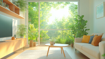 a comfortable living room with a balcony view, very casual and relaxing, with a residential atmosphere that makes people feel relaxed and at ease. Urban architecture.