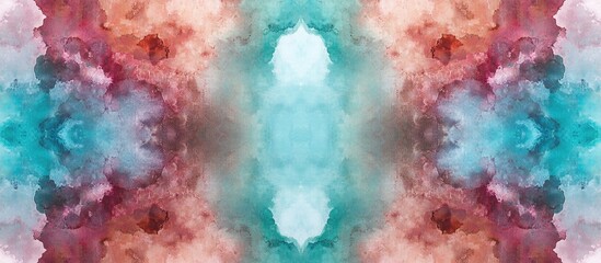 Fototapeta premium Abstract watercolor wallpaper featuring a blurred endless pattern with a marbled effect Ethnic inspired design in shades of azure burgundy and light green with mirrored hues