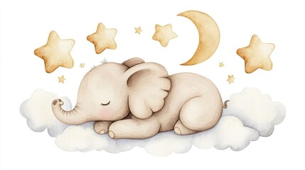 Fototapeta premium Adorable sleeping elephant with moon clouds and stars Watercolor hand drawn illustration suitable for baby showers birthdays and children s rooms on a white background