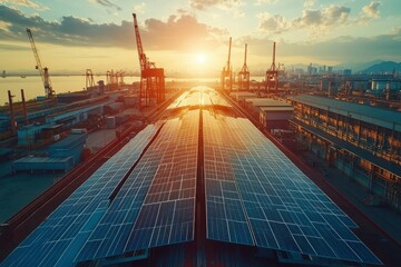 Industrial Solar Panels on a Rooftop at Sunset