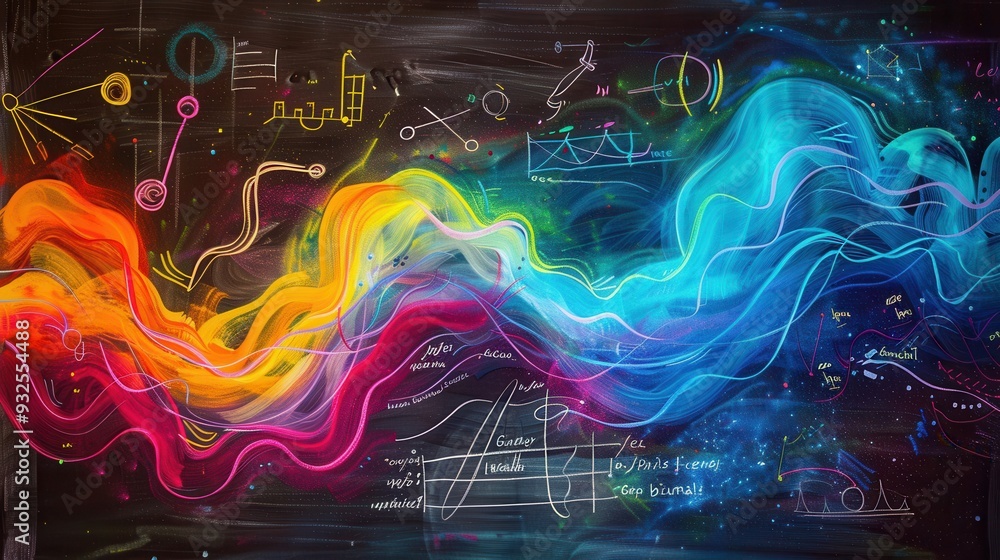 Poster Vibrant chalk colors swirl across a chalkboard, integrating scientific diagrams and formulas within an artistic backdrop. Generative AI