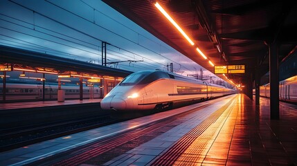 Fototapeta premium High Speed Train Station Bathed in the Soft Light of Dawn with the Train Ready to Depart The Sleek Modern Architecture and Reflective Surfaces Create a Striking Contrast against the Soft