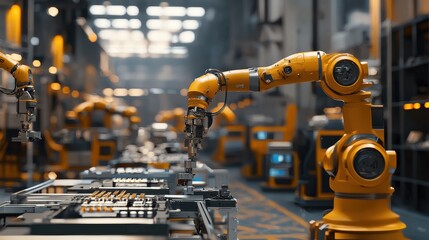 An industrial setting featuring advanced robotics in action, with robotic arms assembling products alongside human workers, highlighting the synergy between man and machine in the future of