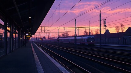 Fototapeta premium Tranquil High Speed Train Station at Dawn A Serene Architectural Scene of a Modern Train Terminal Bathed in the Soft Light of Morning