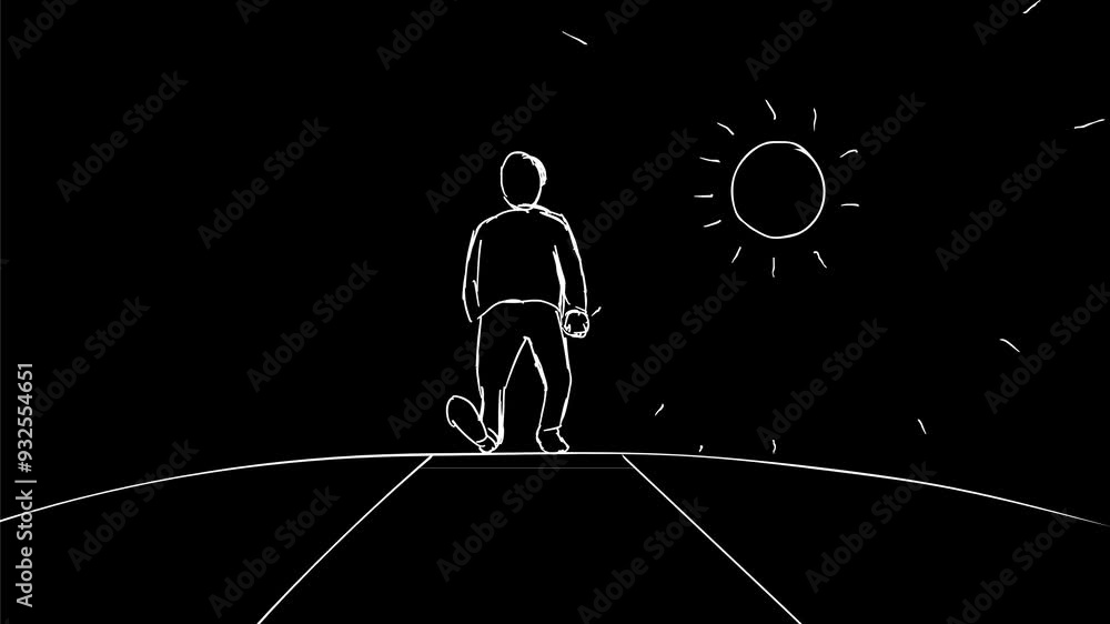 Poster 2d animation motion graphics showing a drawing of a man walking on pavement froint view on white scr