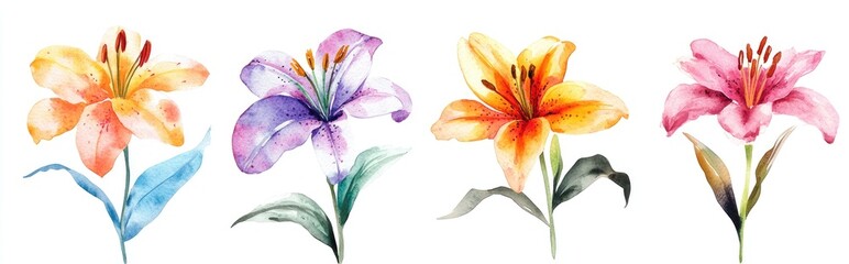 Obraz premium Collection of lily flowers on a white background with clipping path Watercolor floral close up for design purposes Nature