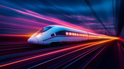 Naklejka premium Illuminating Journey High Speed Train Speeding Through Nighttime Landscape with Glowing Trail in the Darkness