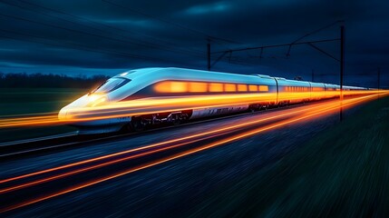 High Speed Train Speeding Through Nighttime Landscape with Glowing Trail   Blurred image of a high speed train illuminated by lights racing through a dark