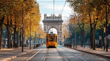 Naklejka premium View of the Peace Arch with yellow tram in Milan, Italy