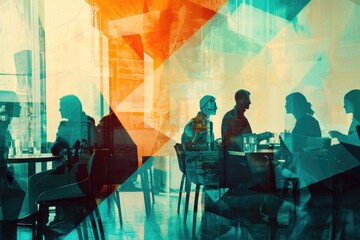 A group of people are sitting at tables in a restaurant, casual and relaxed, double exposure style
