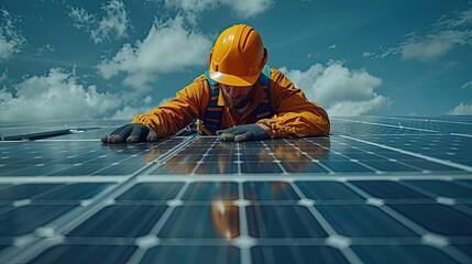 man worker installing solar photovoltaic panels on roof alternative energy concept