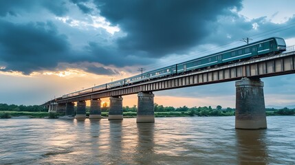 Fototapeta premium High Speed Train Crossing an Architectural Bridge Over a Wide River With a Dramatic Sky Overhead