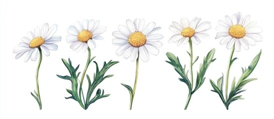 Fototapeta premium Chamomile botanical flower illustration Isolated wild spring leaf wildflower Set of watercolor background designs Fashionable watercolor drawing in aquarelle style Square frame border ornament