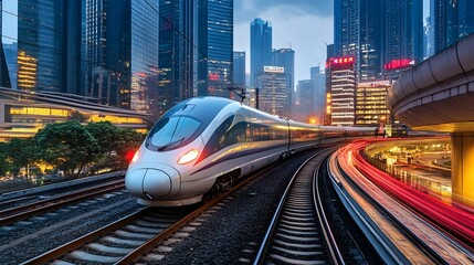 Fototapeta premium High Speed Train Cutting Through Bustling Urban Landscape Surrounded by Towering Skyscrapers and Vibrant City Lights