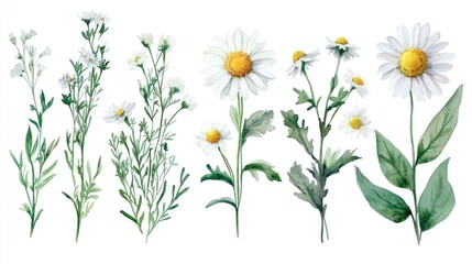 Fototapeta premium Collection of daisy floral arrangements with greenery Watercolor illustrations featuring compositions of daisy buds alongside assorted herbs Suitable for invitation and greeting card designs