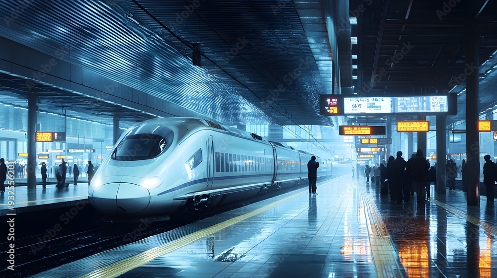 Aufkleber high tech high speed train platform with digital displays and passengers awaiting the arrival of a f