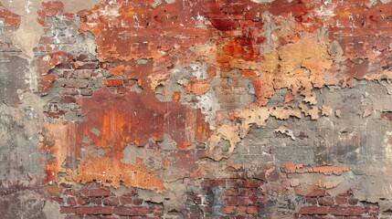 Obraz premium Empty Old Brick Wall Texture. Painted Distressed Wall Surface. Grungy Wide Brickwall. Grunge Red Stonewall Background. Shabby Building Facade With Damaged Plaster. Abstract Web Banner. Copy Space , ai