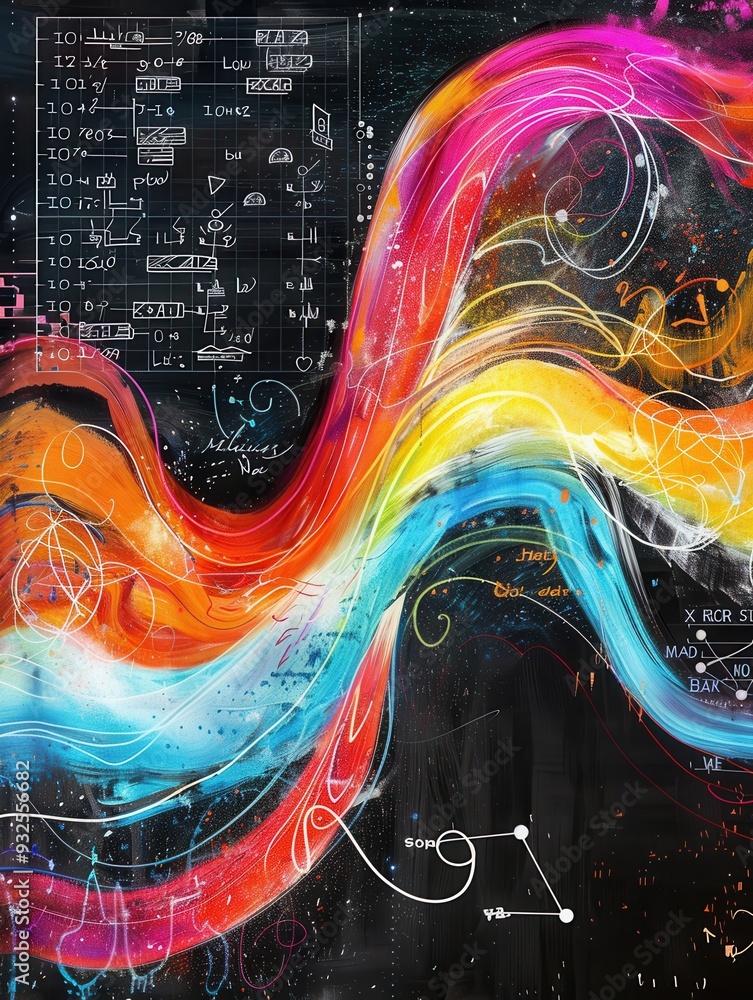 Poster colorful chalk strokes create sweeping waves on a chalkboard, intertwined with subtle scientific for