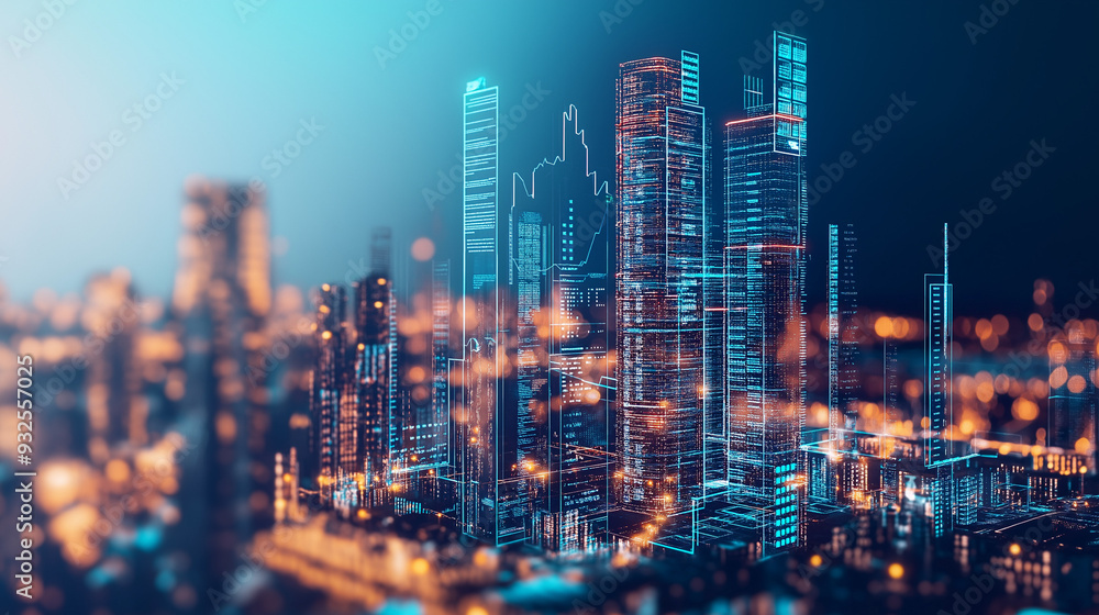 Poster a futuristic cityscape with holographic graphs and charts, representing the ai-driven approach to re