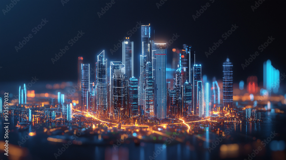 Poster a futuristic cityscape with holographic graphs and charts, representing the ai-driven approach to re
