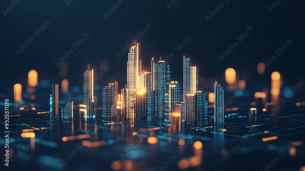 Aufkleber a futuristic cityscape with holographic graphs and charts, representing the ai-driven approach to re