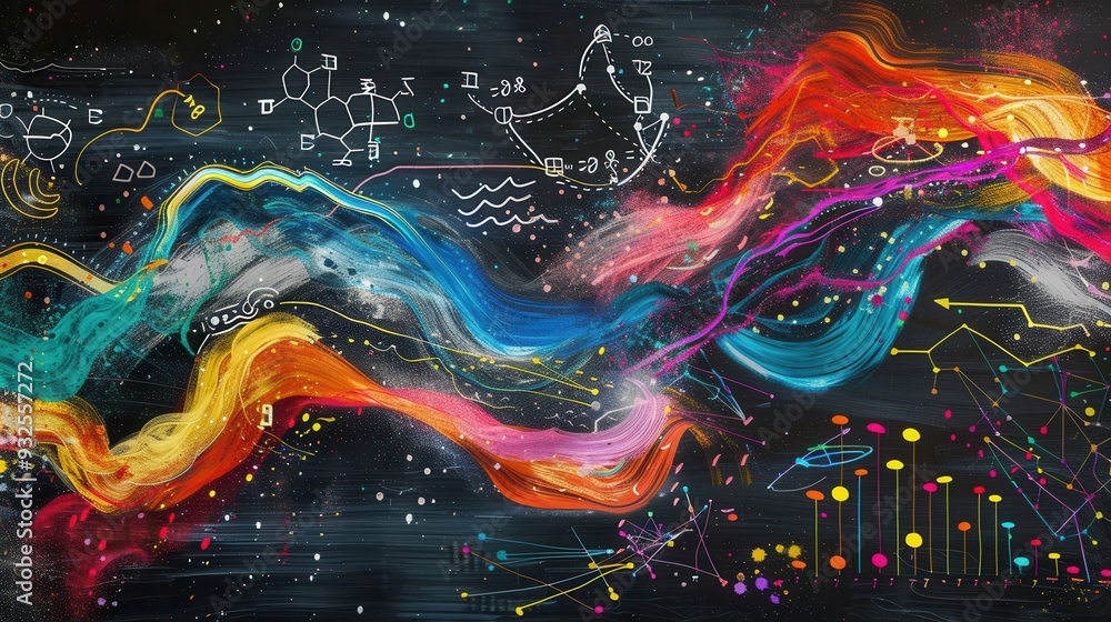 Leinwandbilder colorful waves of chalk strokes blend with scientific formulas and diagrams against a stark chalkboa
