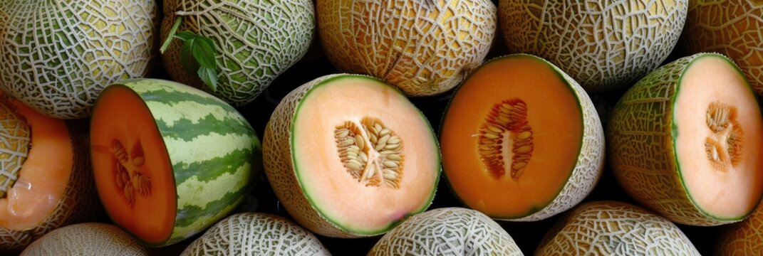 Melons available for purchase at the market, also referred to as cantaloupe or sweet melon.