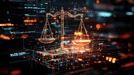 A 3D abstract representation of the scales of justice, hovering in an infinite digital void, with futuristic holographic symbols for different legal principles like truth, defense, and rights, set