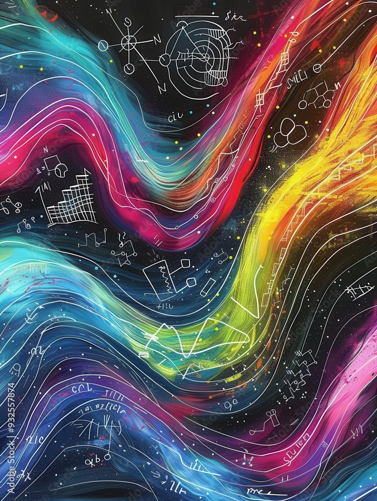 Fototapete a vibrant chalkboard displays sweeping waves of colorful chalk, intertwined with scientific formulas
