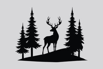 Majestic Deer Silhouette Among Tall Trees Vector Illustration