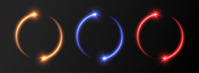 Glowing shooting star circles with sparkles, light frames, stars in circular motion, abstract shiny rings with particles. Vector illustration.