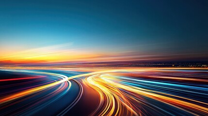 A night-time highway with long, colorful light trails from fast-moving vehicles, representing the rapid pace of digital innovation and technological advancement