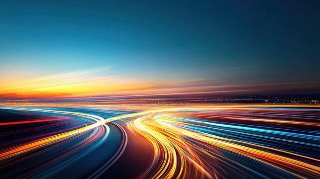 A night-time highway with long, colorful light trails from fast-moving vehicles, representing the rapid pace of digital innovation and technological advancement