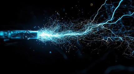 A dynamic close-up of intense blue and white electrical discharges, with lightning-like bolts branching out across the entire image, creating a chaotic and energetic atmosphere. The background is