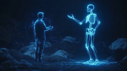Holographic human interacting with digital skeleton in dark environment representing advanced medical technology
