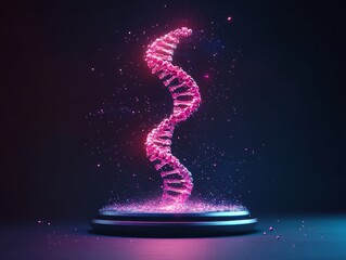 Obraz premium Glowing pink DNA helix structure floating above futuristic platform in dark scientific environment