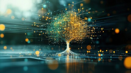 Fototapeta premium A dense cluster of floating particles slowly forming into a tree shape, with each particle representing a node of digital information. The pure background enhances the sense of a futuristic world