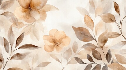 Fototapeta premium Botanical abstract art featuring watercolor leaves and flowers in harmonious beige and brown tones ideal for home or office decor