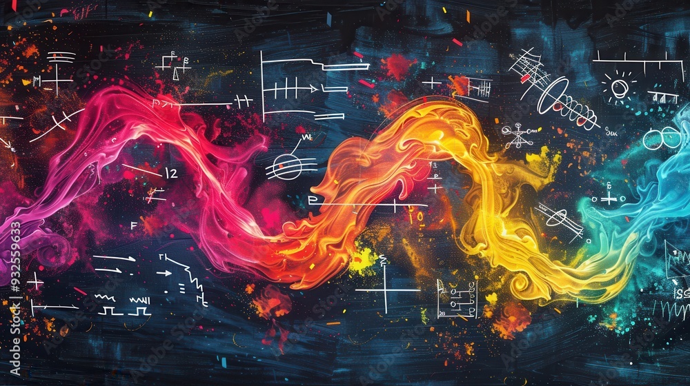 Fototapete a vibrant chalkboard background displays sweeping chalk waves with subtle scientific formulas and di