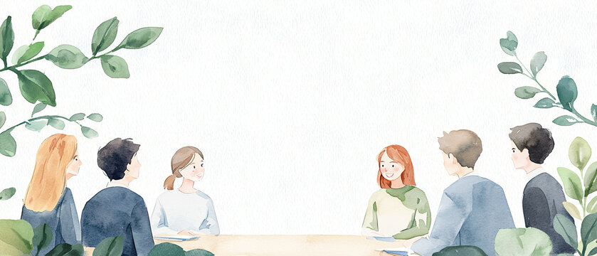 Virtual meeting, people on screens having a discussion, watercolor style